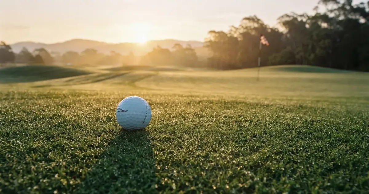 A ball on the centre spot of a grass pitch in morning light