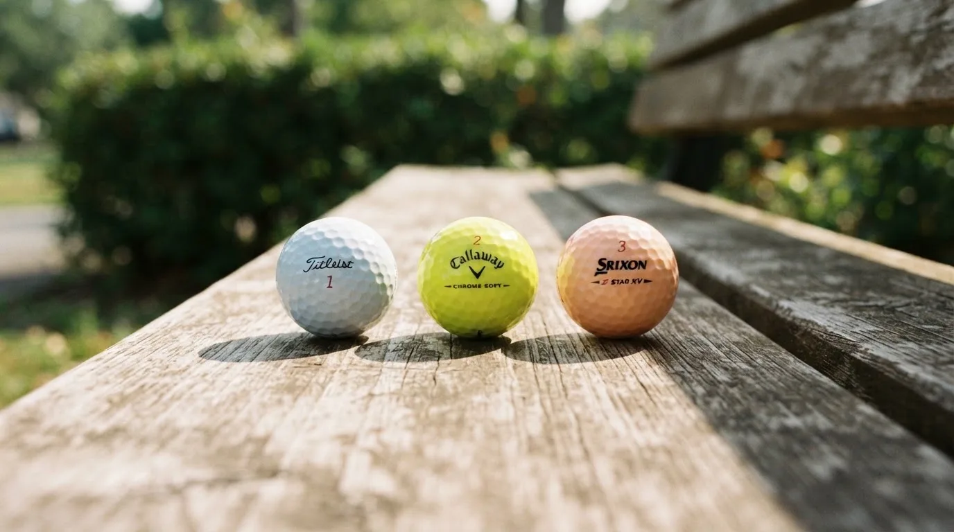 Three balls of different kinds side by side on a wooden bench